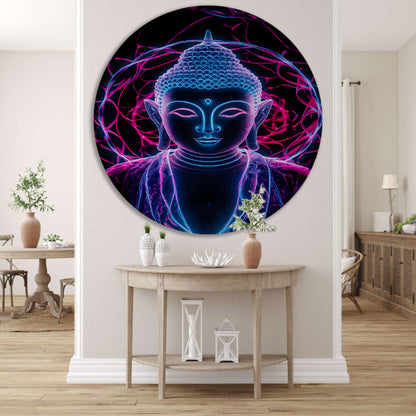 Neon Boeddha met psychedelische kleuren en halo aluminium muurcirkel