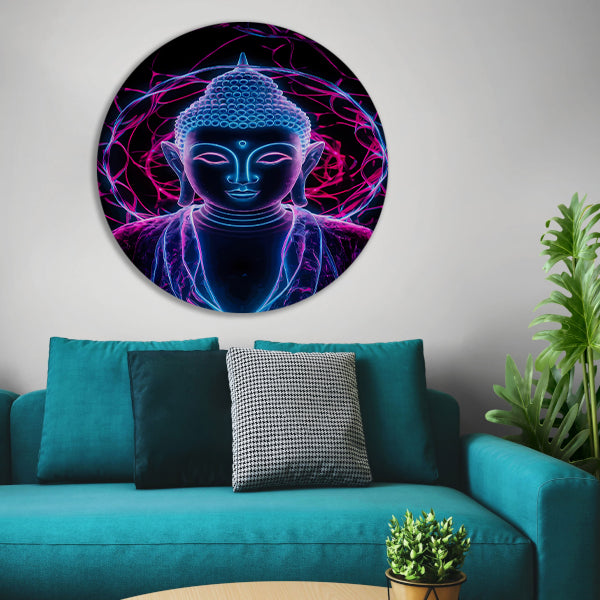 Neon Boeddha met psychedelische kleuren en halo aluminium muurcirkel
