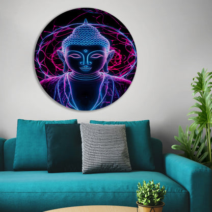 Neon Boeddha met psychedelische kleuren en halo aluminium muurcirkel