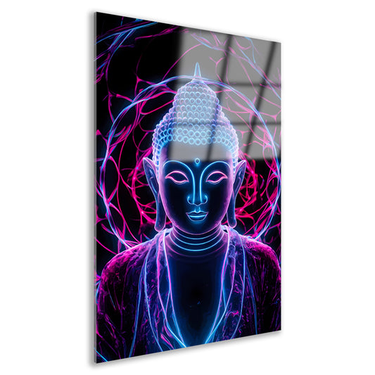 Neon Boeddha met psychedelische kleuren en halo acrylglas