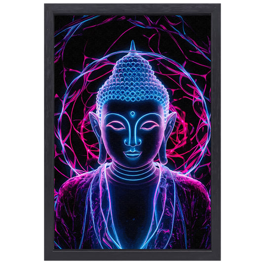 Neon Boeddha met psychedelische kleuren en halo canvas met baklijst