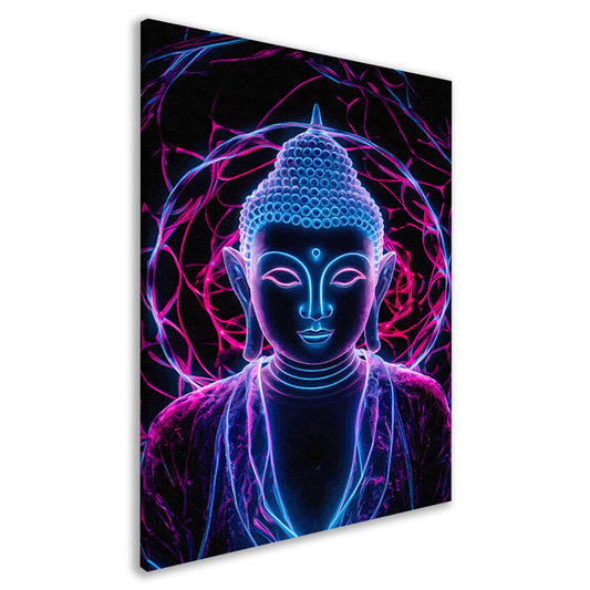 Neon Boeddha met psychedelische kleuren en halo canvas