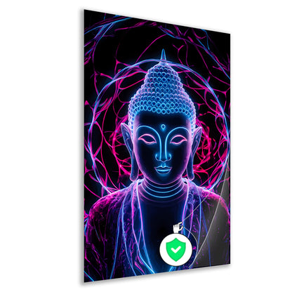 Neon Boeddha met psychedelische kleuren en halo poster