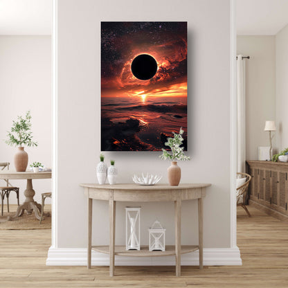 Zonsverduistering bij zonsondergang aan zee poster