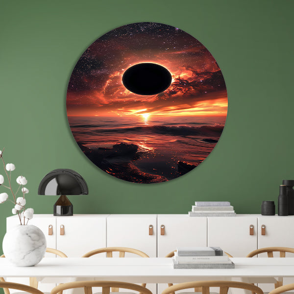 Zonsverduistering bij zonsondergang aan zee aluminium muurcirkel