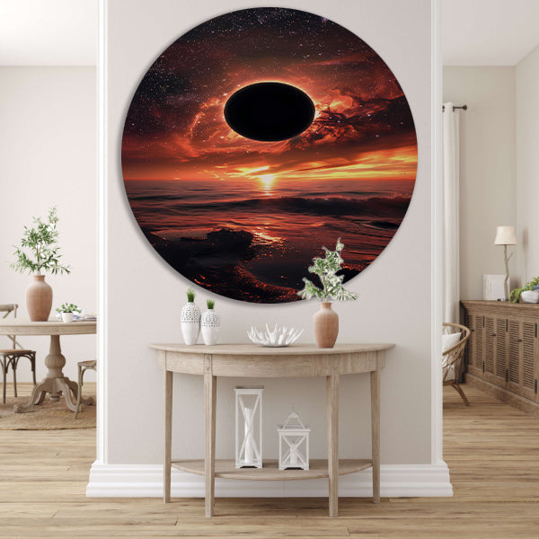 Zonsverduistering bij zonsondergang aan zee aluminium muurcirkel