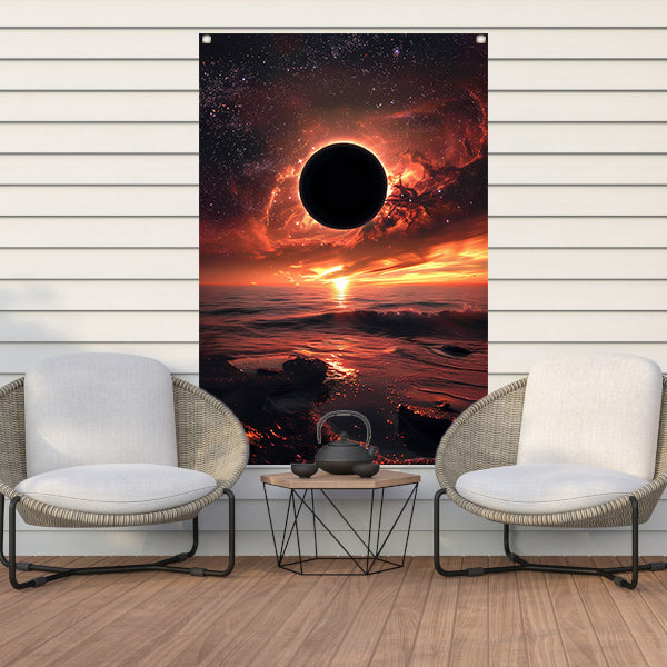 Zonsverduistering bij zonsondergang aan zee tuinposter