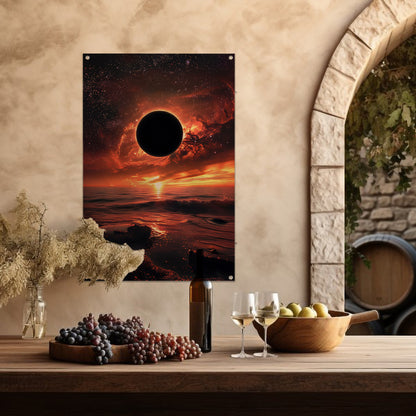 Zonsverduistering bij zonsondergang aan zee tuinposter