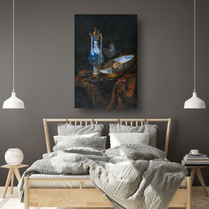 Stilleven met een Aquamanile, fruit en een Nautilusbeker - Willem Kalf canvas met baklijst