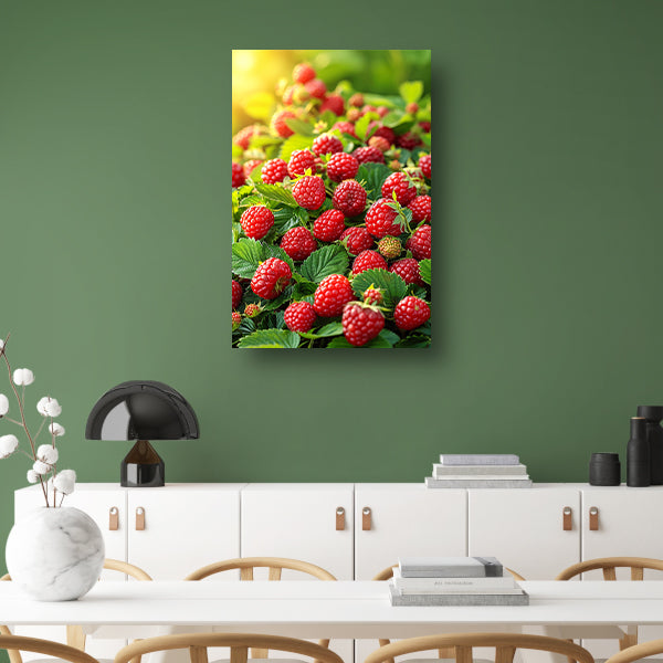 Close-up van Rijpe Frambozen in Zonlicht canvas met baklijst