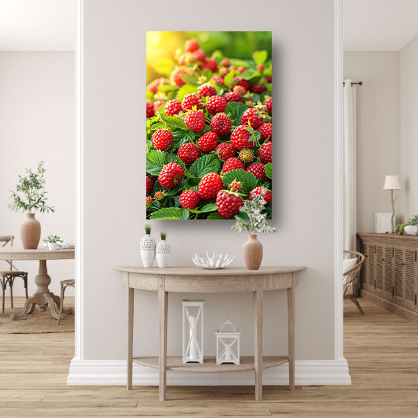 Close-up van Rijpe Frambozen in Zonlicht canvas met baklijst