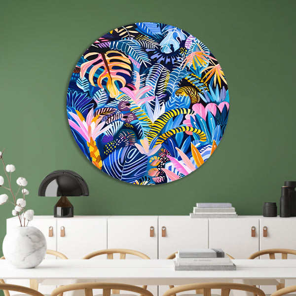 Abstracte kleurrijke kunst van planten en bladeren aluminium muurcirkel