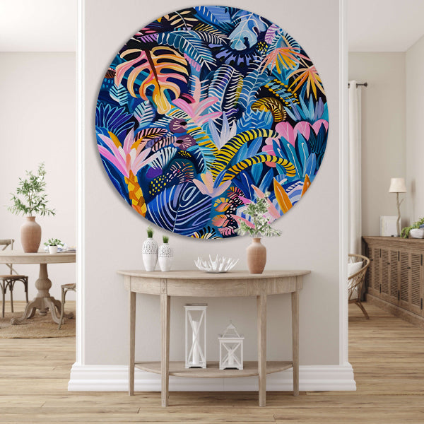 Abstracte kleurrijke kunst van planten en bladeren aluminium muurcirkel