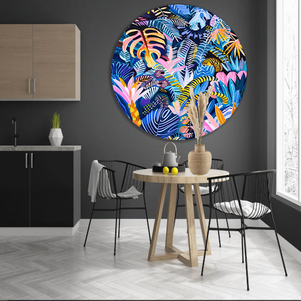 Abstracte kleurrijke kunst van planten en bladeren aluminium muurcirkel