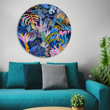 Abstracte kleurrijke kunst van planten en bladeren aluminium muurcirkel