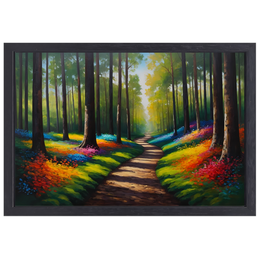 Betoverend Kleurrijk Bos met Wandelend Pad canvas met baklijst