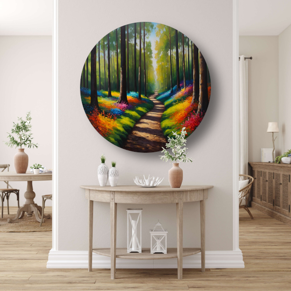 Betoverend Kleurrijk Bos met Wandelend Pad aluminium muurcirkel