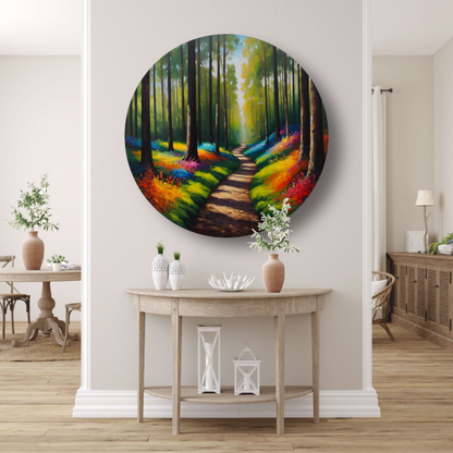 Betoverend Kleurrijk Bos met Wandelend Pad aluminium muurcirkel