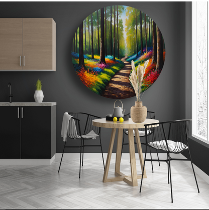 Betoverend Kleurrijk Bos met Wandelend Pad aluminium muurcirkel