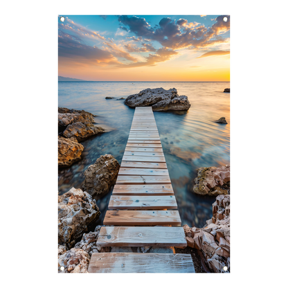 Houten Steiger met Zonsondergang aan de Kust tuinposter