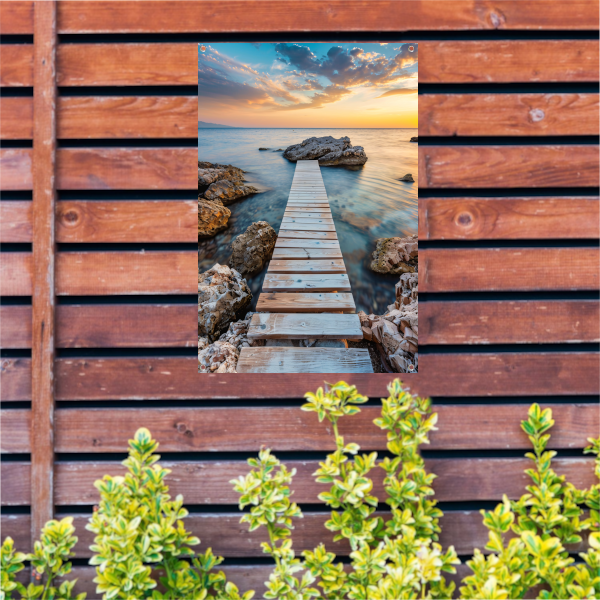 Houten Steiger met Zonsondergang aan de Kust tuinposter
