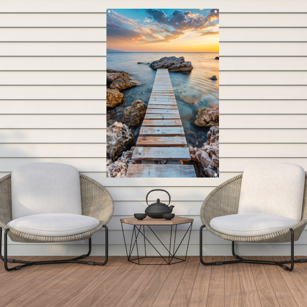 Houten Steiger met Zonsondergang aan de Kust tuinposter