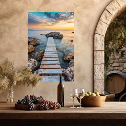 Houten Steiger met Zonsondergang aan de Kust tuinposter