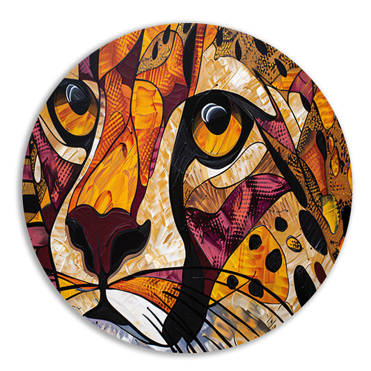 Kleurrijk abstract schilderij van een cheeta aluminium muurcirkel