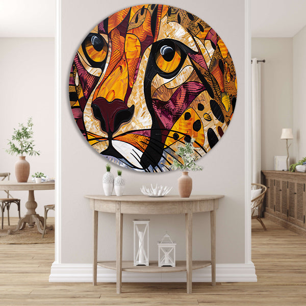Kleurrijk abstract schilderij van een cheeta forex muurcirkel