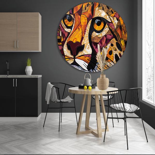 Kleurrijk abstract schilderij van een cheeta aluminium muurcirkel