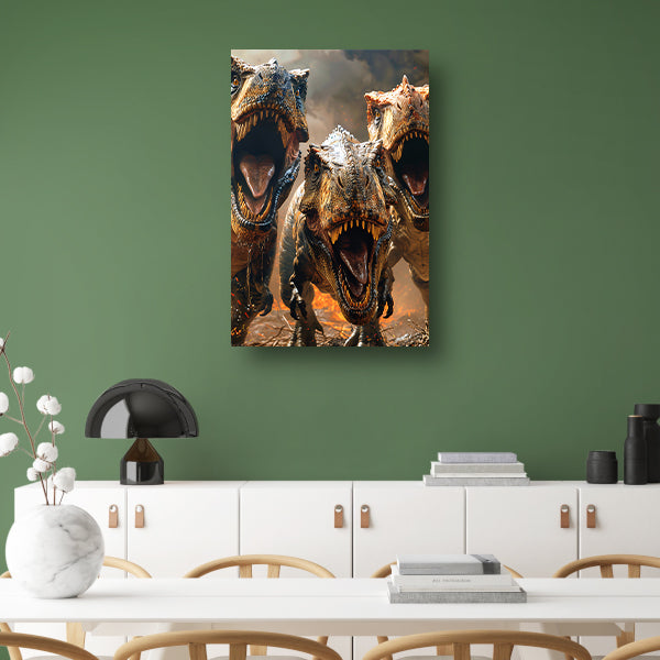 Drie Brullende T-Rexen in Vuurzee canvas met baklijst