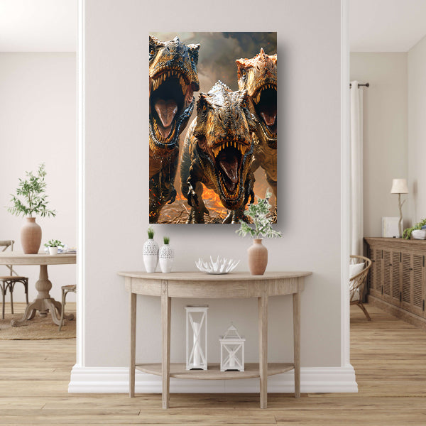 Drie Brullende T-Rexen in Vuurzee canvas met baklijst
