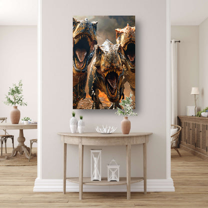 Drie Brullende T-Rexen in Vuurzee canvas met baklijst