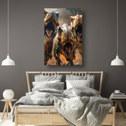 Drie Brullende T-Rexen in Vuurzee canvas met baklijst