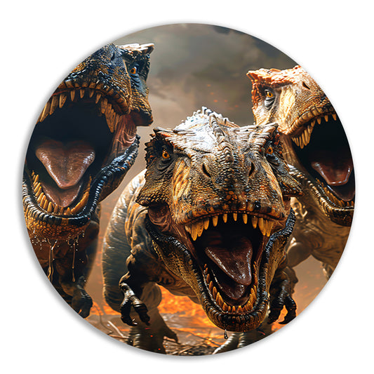 Drie Brullende T-Rexen in Vuurzee aluminium muurcirkel