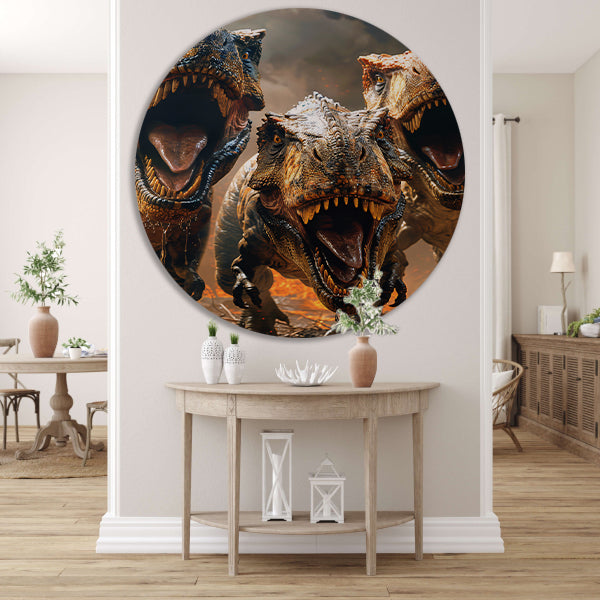 Drie Brullende T-Rexen in Vuurzee aluminium muurcirkel