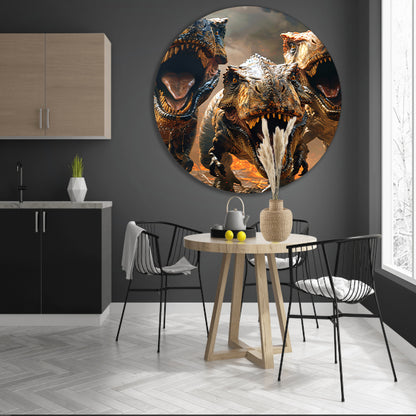 Drie Brullende T-Rexen in Vuurzee aluminium muurcirkel