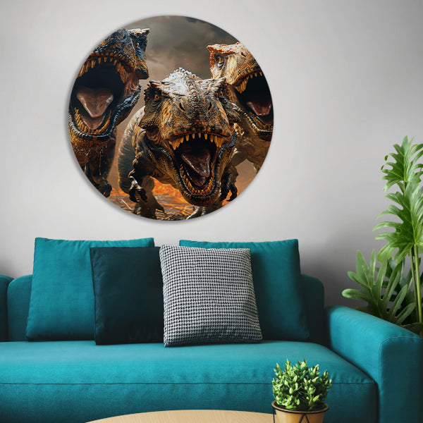 Drie Brullende T-Rexen in Vuurzee aluminium muurcirkel