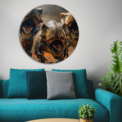 Drie Brullende T-Rexen in Vuurzee aluminium muurcirkel