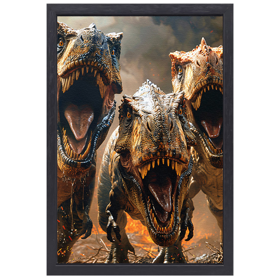 Drie Brullende T-Rexen in Vuurzee canvas met baklijst