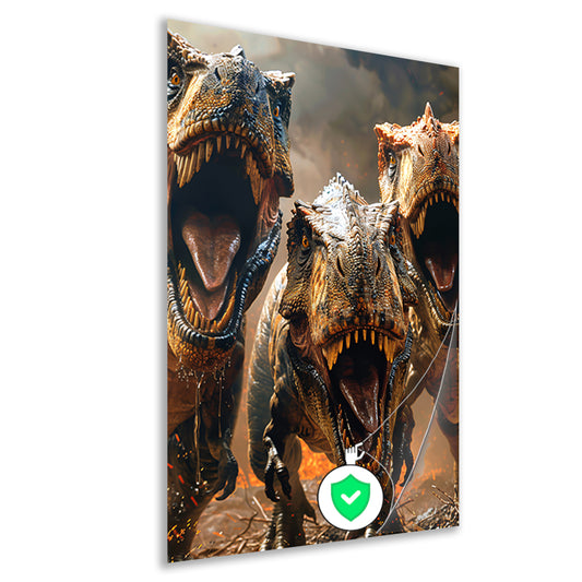 Drie Brullende T-Rexen in Vuurzee poster