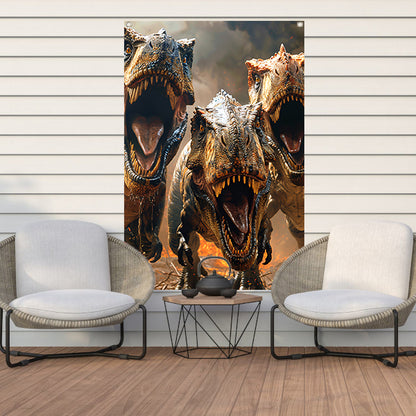 Drie Brullende T-Rexen in Vuurzee tuinposter