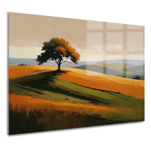 Solitaire boom tegen kleurrijke heuvellandschap acrylglas