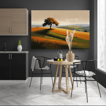 Solitaire boom tegen kleurrijke heuvellandschap poster