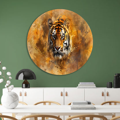 Tijgerportret met abstracte achtergrond aluminium muurcirkel