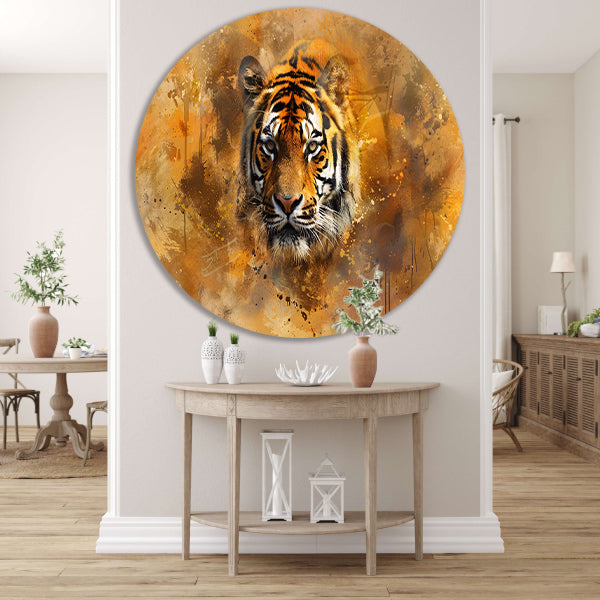 Tijgerportret met abstracte achtergrond aluminium muurcirkel