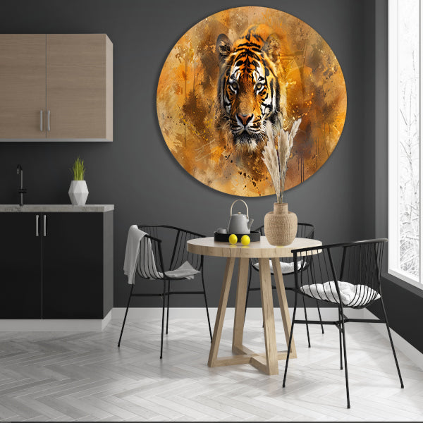 Tijgerportret met abstracte achtergrond aluminium muurcirkel
