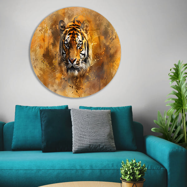 Tijgerportret met abstracte achtergrond aluminium muurcirkel