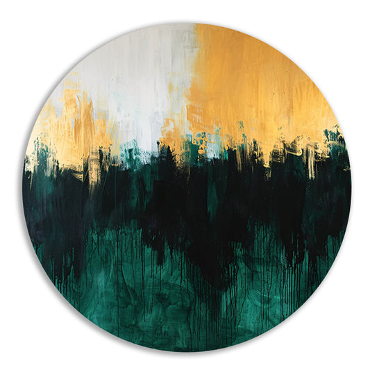 Abstract schilderij met dynamische kleurrijke accenten aluminium muurcirkel
