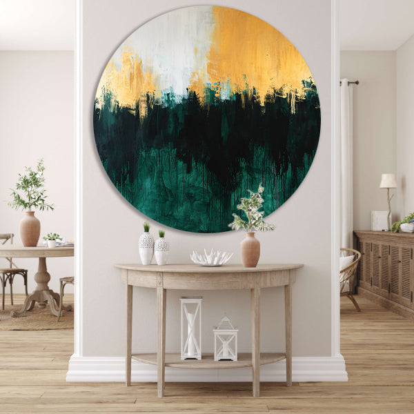 Abstract schilderij met dynamische kleurrijke accenten aluminium muurcirkel